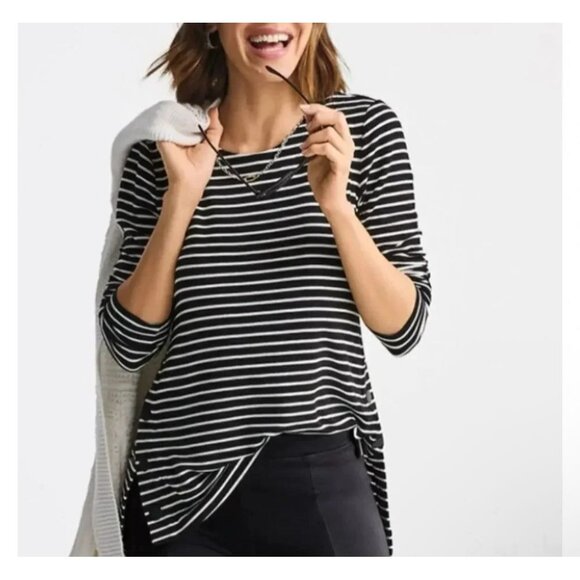 Cabi Side Snap Black White Stripe Long Sleeve Tunic Top Sz Large Jersey stretch - Picture 1 of 11